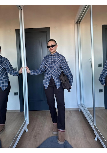 Keymoda Kadın Ekose Gömlek Lacivert Bordo Lacivert