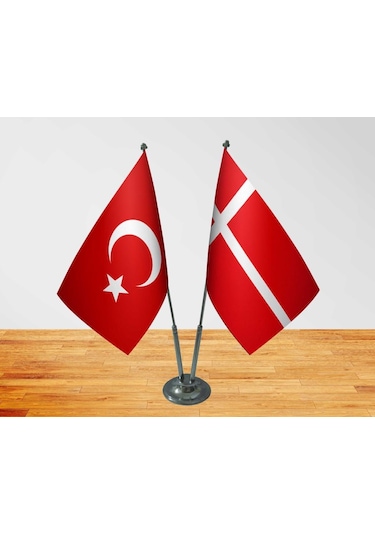 Masa Üstü Danimarka Bayrağı Türk Bayrağı İkili Krom Direk Masa Ba