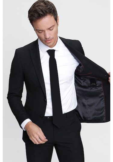 Morven Erkek Basic Düz Slim Fit 3lü Takım Elbise Slim Fit - 542408291 - Siyah
