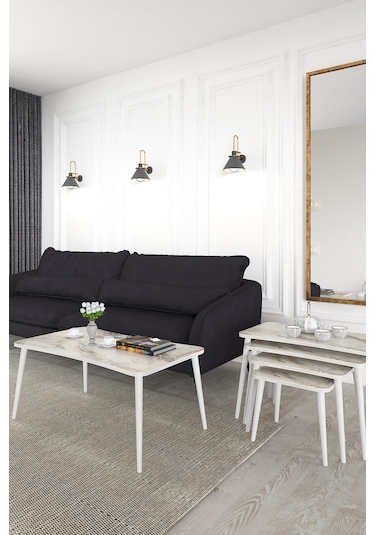 Alanur 5li Orta Sehpa Ve Zigon Sehpa Ahşap Ayaklı Çay Kahve Sehpası Xl Salon Seti Beyaz Mermer