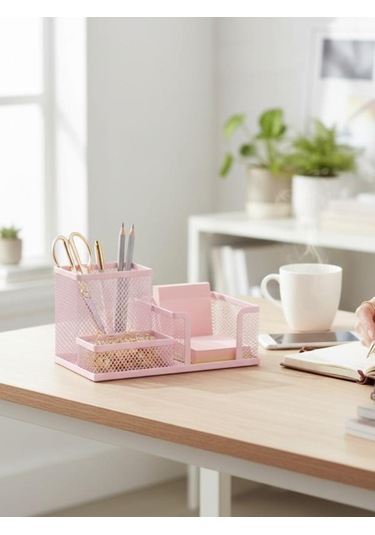 Need Nd-1033 Metal Mesh Masaüstü Organizer 3 Bölmeli, Çok Amaçlı Düzenleyici Pembe