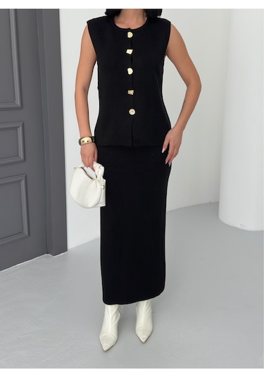 Kadın Düğme Detaylı Yelek Uzun Etek Alt Üst Triko Takım Siyah