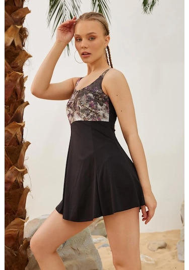 Şortlu Elbise Mayo Etekli Mayo Yüzücü Mayo S125-92 Siyah