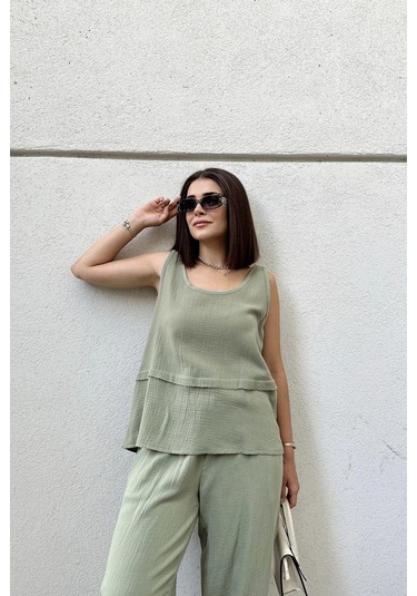 Haki İthal Müslin Kumaş, Basic, Katlı, Salaş Askılı Bluz & Atlet Haki