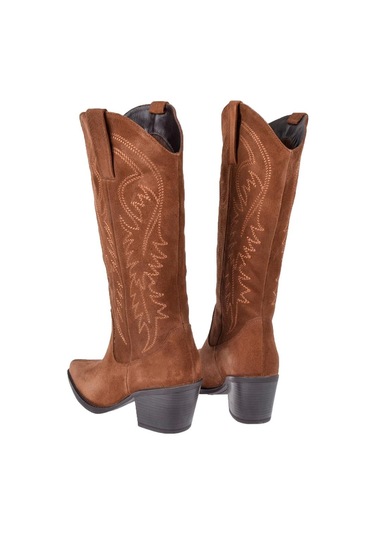 Pullman Hakiki Deri İşlemeli Western Kadın Çizme Plm-011 Taba Süet TABA SÜET