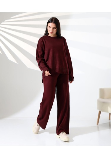 Rahat Kalıp Kol Detaylı Triko Takım Bordo