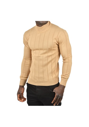Deepsea Erkek Camel Slim Fit Likralı Tüylenme Yapmayan Yarım Balıkçı Çizgili Triko Yarım Boğazlı Kazak 2505503 Camel