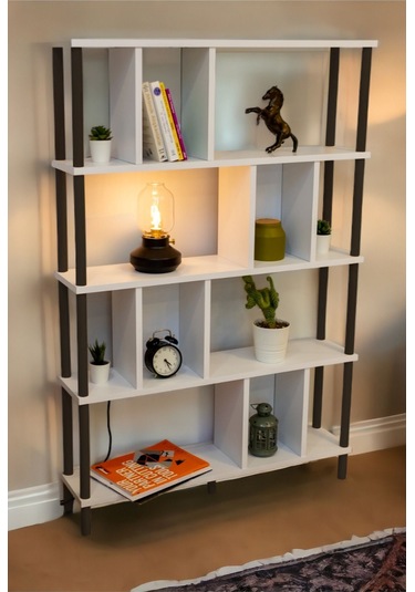 Yüksek Kalite 5 Raflı Kitaplık Ahşap Ayaklı Klasörlük Mutfak Rafı Çok Amaçlı Düzenleyici Raf Beyaz