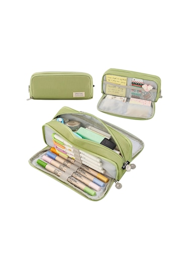 Geniş Kapasiteli Okul Kalem Kutusu, Çok Bölmeli Kalemlik, Öğrenci Ve Ofis Kırtasiye Malzemeleri İçin Pratik Kalem Kılıfı Yeşil