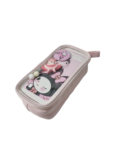 Kuromi Ve My Melody Şeffaf Bölmeli Kalemlik Pembe