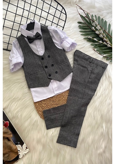 Yelekli Papyonlu Katyonik Erkek Çocuk Takım Elbise Gri