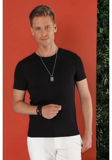Slim Fit Bisiklet Yaka Düz Pamuklu Siyah Tişört Ts 823 Siyah