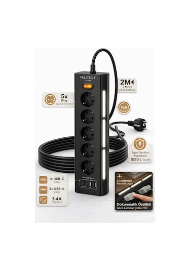 Fulltech Ftr-26 5li Akım Korumalı Priz 2 Usb-a, 2 Usb-c, 3 Kademeli Gece Lambası, 2 Metre Kablo - 36 0.2 M