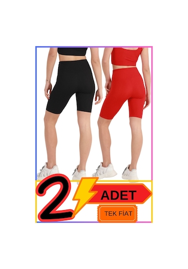 Kadın Yüksek Bel Toparlayıcı Şort Tayt Siyah & Kırmızı 2'li Paket Lycralı Biker Shorts 21071 Siyah - Kırmızı