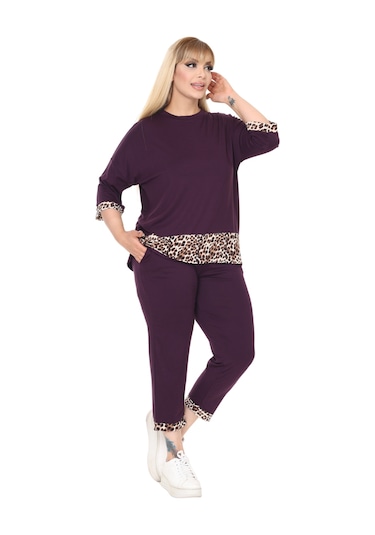 Melsay Butik Mor Leopar Şeritli Büyük Beden Kadın Kapri Takımı Mor