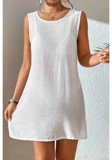 Angelsin Sırt Dekolteli Yırtmaçlı Pareo Plaj Elbisesi Beyaz 001