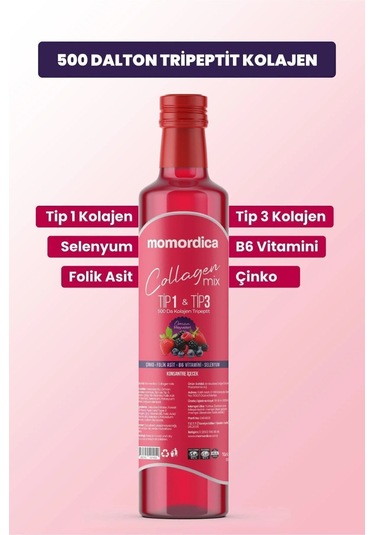 Momordica Collagen Mix - Tripeptit 500 Dalton Tip 1 & Tip 3 Kolajen, Selenyum, Folik Asit, Çinko, B6 Vitamini