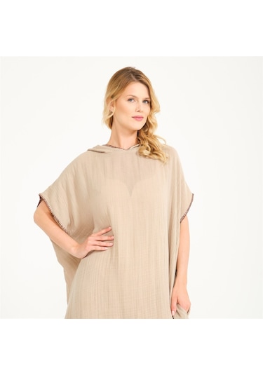 Miespiga Unisex Müslin Kapüşonlu Surf Yetişkin Panço-Bej-Standart Bej