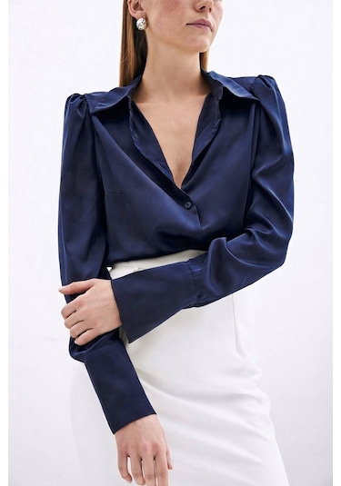 Sateen Vatkalı Saten Gömlek - Lacivert-136729 Lacivert