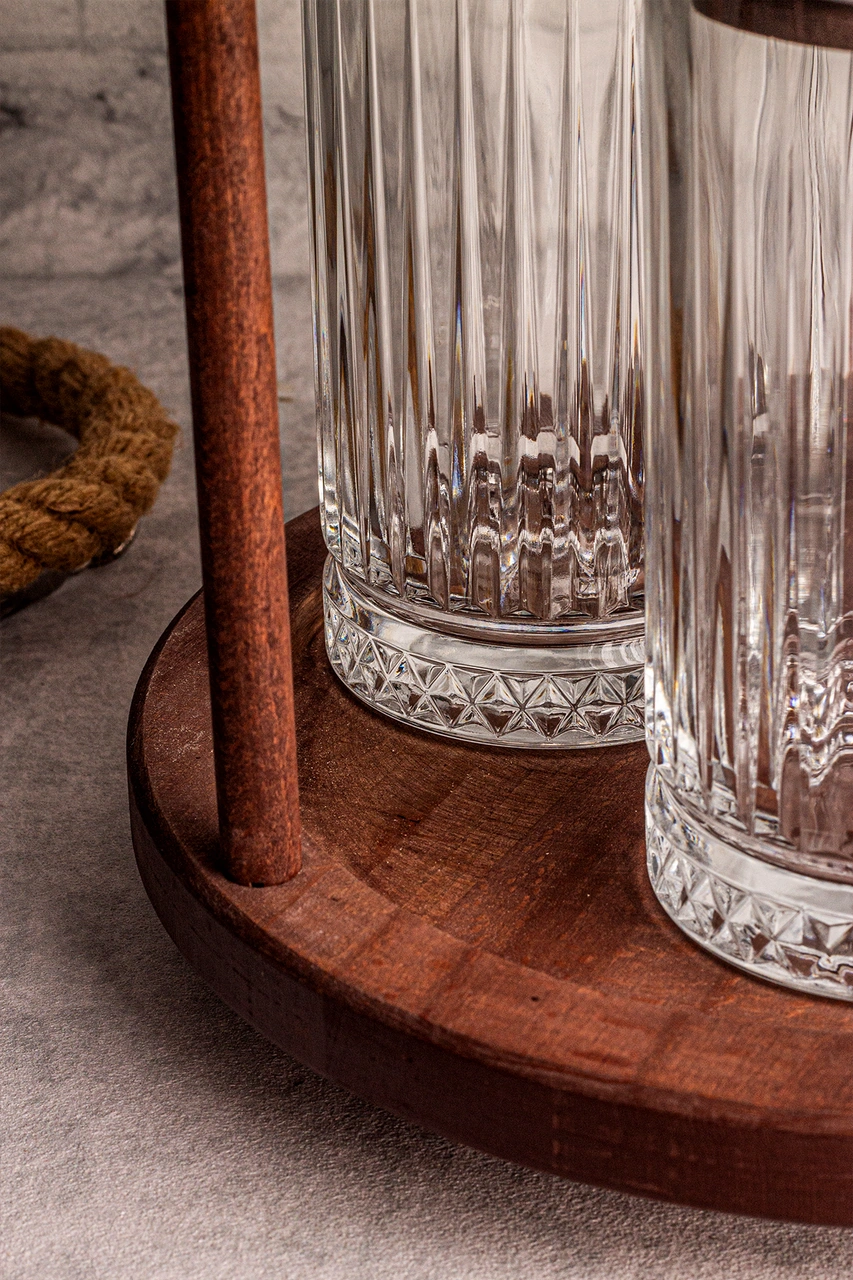 Tomira - 7 Parça Ahşap Döner Standlı Vakumlu Kapaklı Cam Saklama Kabı Baharatlık Seti 450 Ml Ahşap