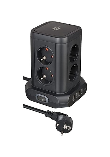 Priz Kulesi, 8 Bölmeli, Usb'li, Tüv Süd Sertifikalı 8 Bölmeli Priz Bloğu, 4 X Usb, Siyah, 2 M Kablo 1