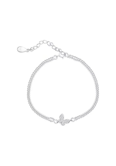 925 Ayar Gümüş Kristal Tasli Çift Sıra Zincirli Kelebek Bileklik