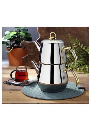 Yunusoğlu Home Aletta Büyük Boy Çelik Gold Kulplu Çaydanlık Çelik