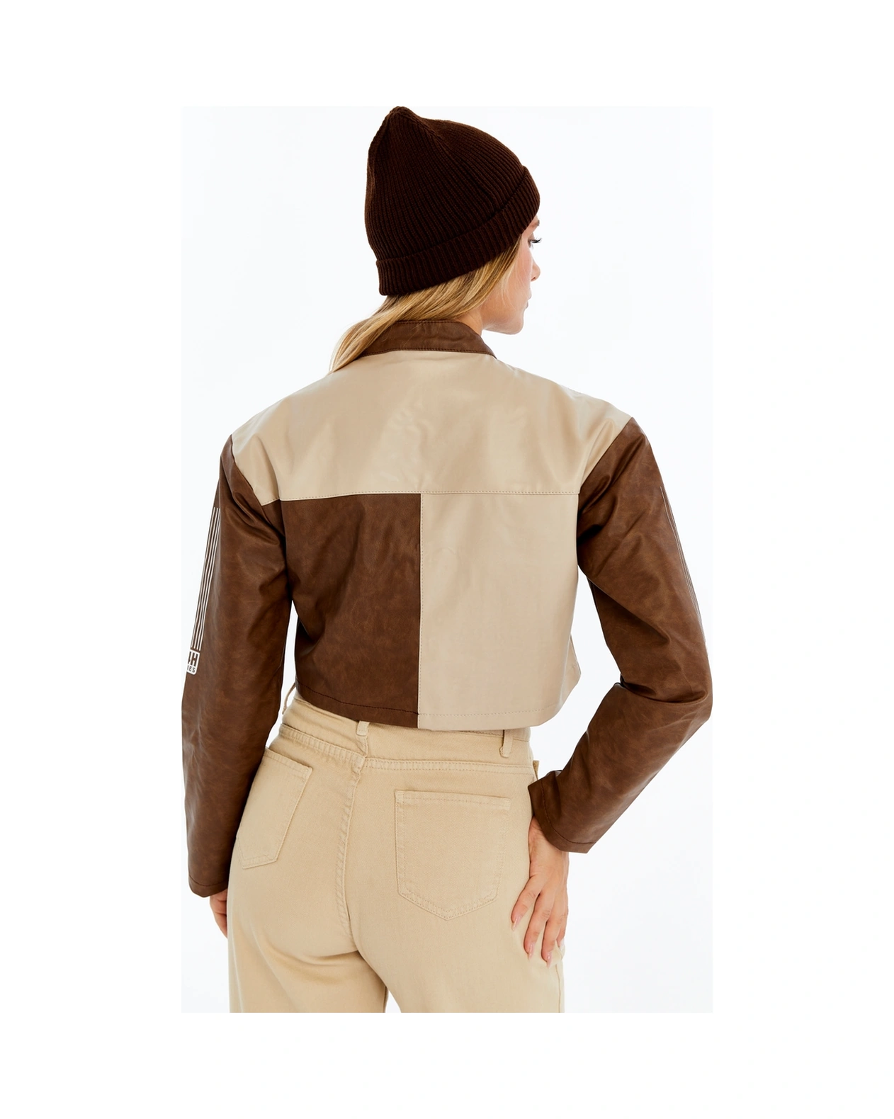 Kadın Crop Deri Ceket Renkli Baskılı Motorcu Stil Mont - Kısa Ceket Çok Renkli Mont - Hakim Yaka Kahverengi