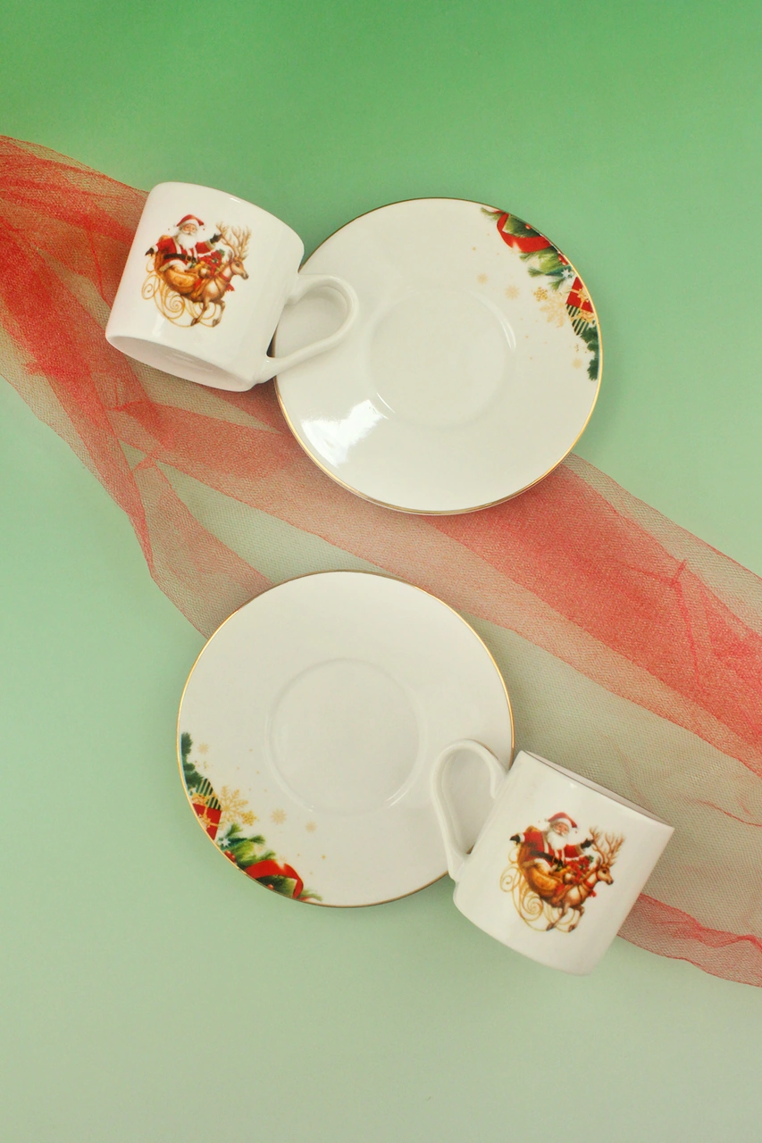 Christmas Reindeer Altın Yaldızlı İki Kişilik Kahve Fincan Takımı Beyaz - Altın