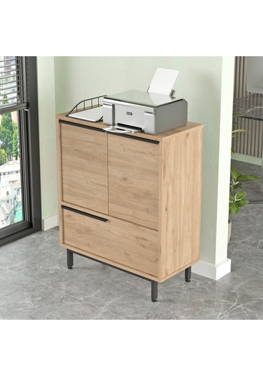 Robin Home Lidya Ofis Dolabı 3 Kapaklı Metal Ayaklı Sepet Kahve
