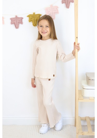 Kız Çocuk İspanyol Paça Fitilli Kumaş Pamuklu Takım Ekru