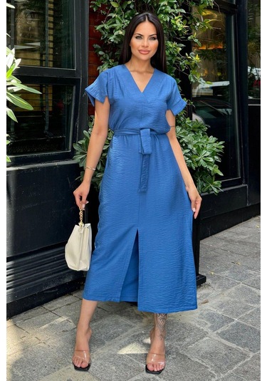 İndigo V Yaka, Kısa Kol, Airobin Kumaş, Omuz Detaylı, Kemerli/kuşaklı, Önden Yırtmaçlı Maxi Elbise Indigo