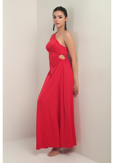 Kadın Tek Omuz Yan Pencere Detaylı Uzun Krep Saten Elbise-40826 Kırmızı