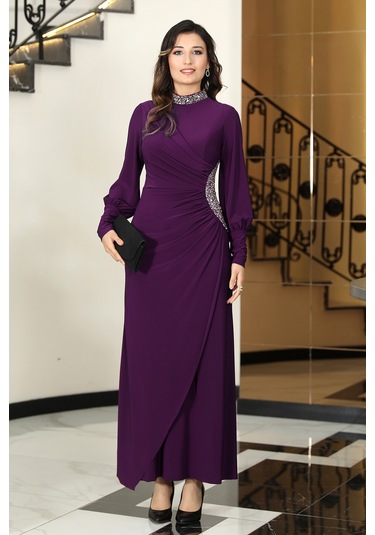 Taş Detaylı Lavinni Tesettür Abiye Elbise Mürdüm