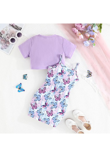 2-7 Yaş Çocuk Takımı Yaz Yeni Tatlı 2 Parça Günlük Hanım Tarzı Kısa Kollu Kayık Yaka Üst + Kelebek Baskılı Askılı Etek Mor