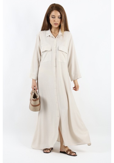 Prive Kadın Plain Bej %100 Viskon Maksi Boy Cepli Yazlık Uzun Elbise Bej