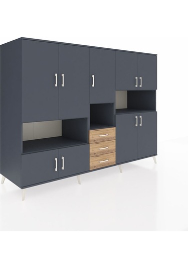 Kronos Dolap 13 Raflı 3 Çekmeceli 9 Kapaklı 220x59x163 Antrasit-a Antrasit-antrasit/çam