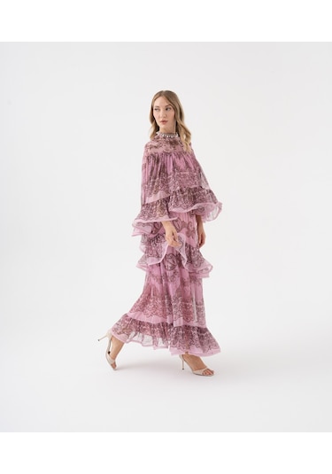 Dantel Desenli Katlı Şifon Volanlı Bluz Mor