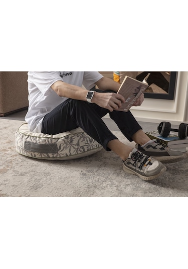 Krem Rengi Yuvarlak Taşınabilir Dekoratif Yer Minderi Puf 60x60 C