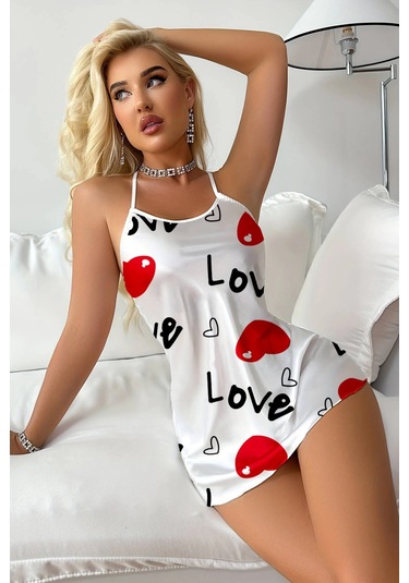 Hello Papana Hello Papana Love Desenli Beyaz Saten Gecelik Çok Renkli