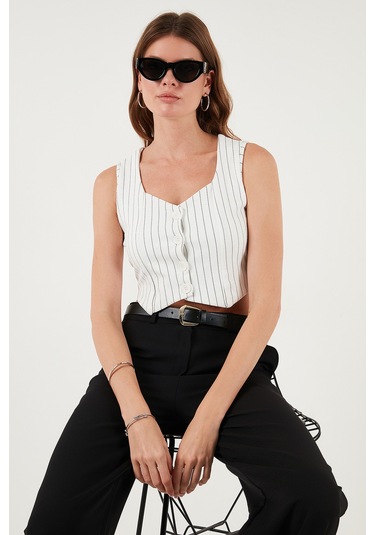 Lela Slim Fit Kalp Yaka Düğmeli Kalın Askılı Crop Bayan Yelek 5865497 Siyah Çizgili