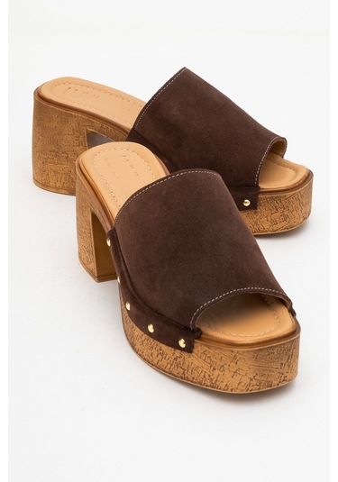 Pull Kahverengi Süet Hakiki Deri Kadın Platform Topuklu Terlik Kahverengi