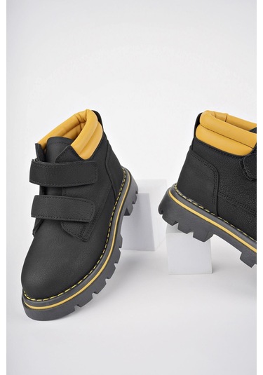 Muggo Gadget Garantili Çocuk Unisex Rahat Kalıp Soğuğa Dayanıklı Cırtlı Bot 001 Sarı - Siyah