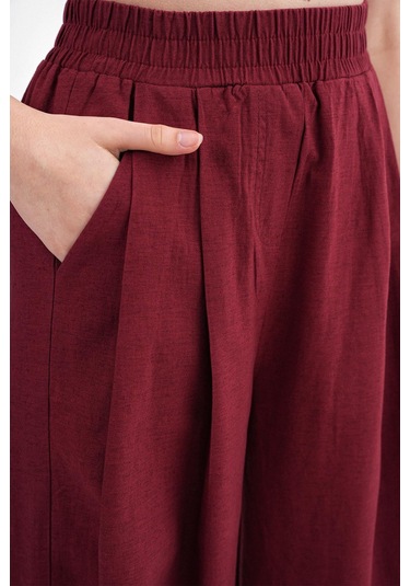 4682 Kadın Beli Lastikli Jogger Bol Keten Pantolon Bordo Bordo
