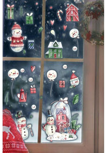 MSticker Yılbaşı Kardan Adam Ve Evleri Çocuk Odası Cam Duvar  Sticker Seti