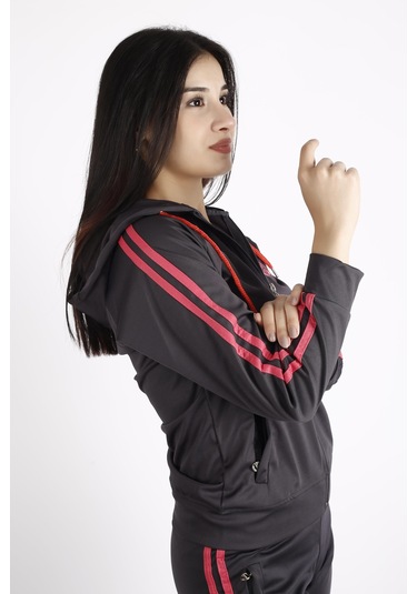 Kadın Füme Kırmızı İki Şeritli Biyeli Fermuarlı Kapüşonlu Spor Eşofman Takımı 21kestax11 001