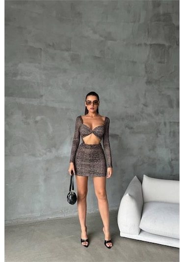 Kadın Leopar Sırt Ve Göğüs Dekolteli Mini Elbise Dpnbdf079 Kahverengi