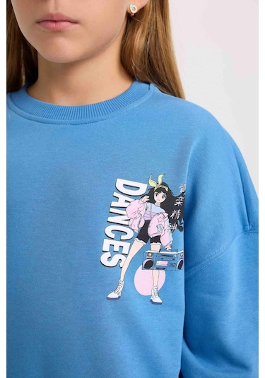 DeFacto Kız Çocuk Relax Fit Bisiklet Yaka Sırt Baskılı Sweatshirt D6496A8NSBE765 Mavi