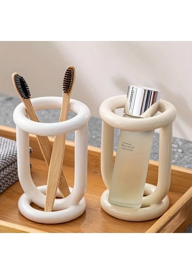 Elmpaly Bej Seramik Diş Fırçası Tutucu - Masada Diş Macunu Ve Fırça Düzenleyici Bej
