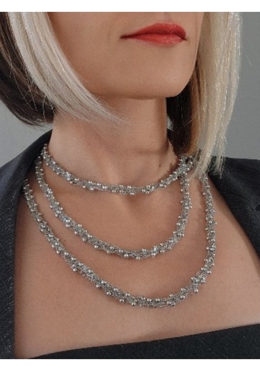 Top Zincir Modüler Örme Çelik Zincir Uzun Konsept Silver Renk Kolye